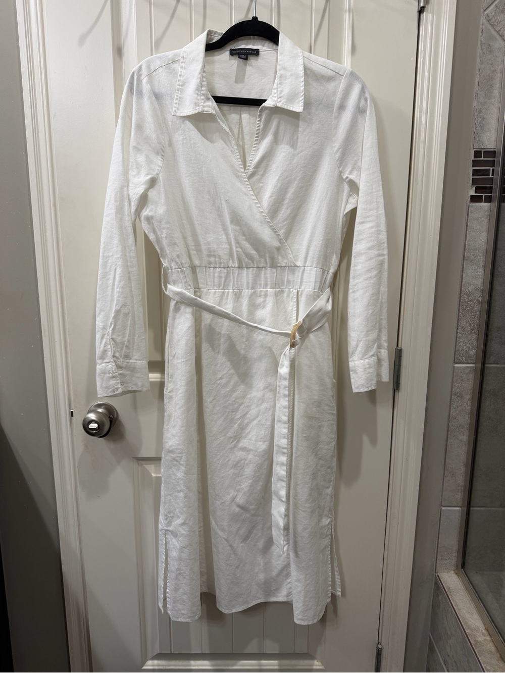 Saks Fifth Avenue White Faux Wrap Shirt Dress with Tie Waist
